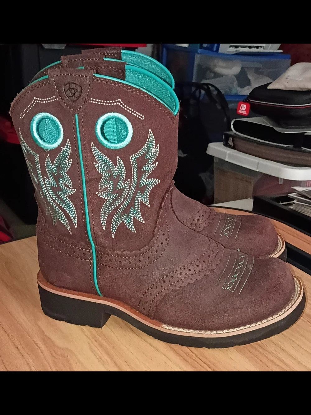 Ariat Kids Fatbaby Western Cowboy Boots Size 1 Youth Brown & Teal